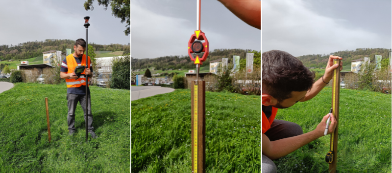 Three images show a surveyor using an AP20 AutoPole and GPS equipment to measure and mark a stake in a grassy field.